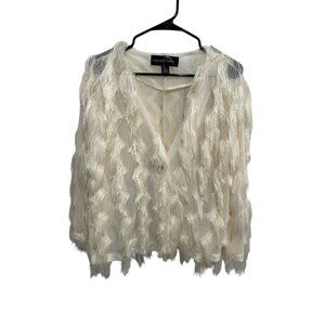 Colleen Lopez Fringe Cardigan Sweater Ivory Sz Large Button Front V-Neck Soft